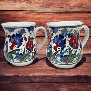Coffee/Tea Mugs (2) Traditional Turkish Cini Pattern Ceramic Hand Painted
